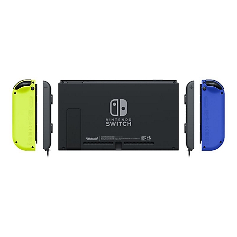 Nintendo Switch Konsole mit einem gelben und einem blauen Joy-Con Controller vor weißem Hintergrund.
