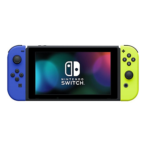Nintendo Switch Konsole mit einem blauen Joy-Con links und einem gelben Joy-Con rechts vor weißem Hintergrund.