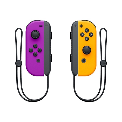 Ein lila und ein gelber Nintendo Switch Joy-Con Controller mit schwarzen Trageschlaufen vor weißem Hintergrund.