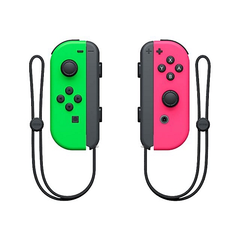 Ein neon-grüner und ein neon-pinker Nintendo Switch Joy-Con Controller mit schwarzen Handgelenkschlaufen vor weißem Hintergrund.