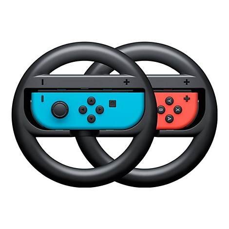 Zwei schwarze Lenkrad-Aufsätze für Nintendo Switch Joy-Cons mit einem blauen und einem roten Controller.
