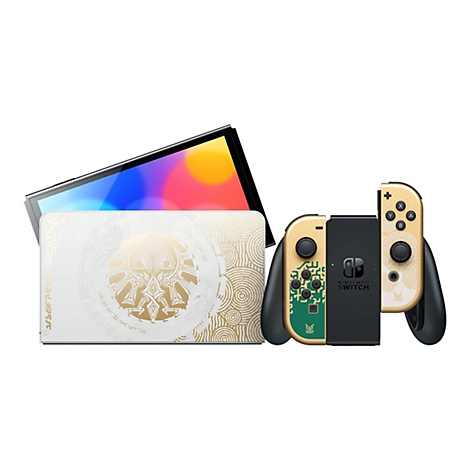Nintendo Switch OLED Modell im Zelda Tears of the Kingdom Design mit gold-weißer Dockingstation und Controllern.