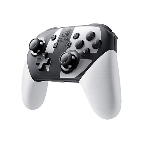 Nintendo Switch Pro Controller in schwarz-weißem Design mit typischer Tastenanordnung vor weißem Hintergrund.