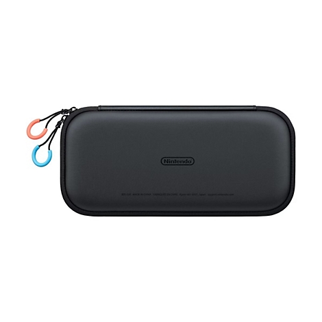 Schwarze Nintendo Switch Tragetasche mit abgerundeten Ecken und zwei farbigen Reißverschlussanhängern.