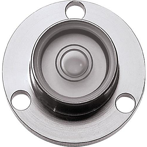 Niveau à bulle rond en métal avec trois trous de vis. Au centre, une bulle ronde et transparente.