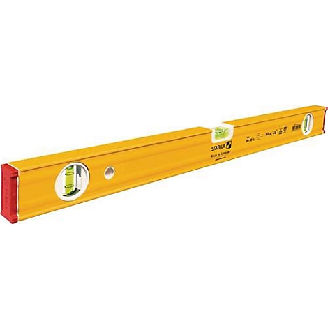Niveau jaune avec extrémités rouges, deux fioles et inscriptions.