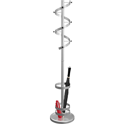 Silver umbrella stand, with holders and a spiral, with black and red umbrella.