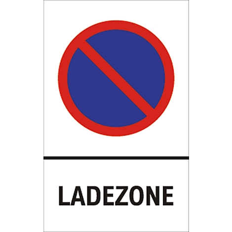 Traffic sign, red circle with red diagonal slash on blue circle. Text: Ladezone.