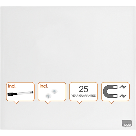 Wit whiteboard met accessoires: pen, magneten. "25 JAAR GARANTIE" en bedrijfslogo.