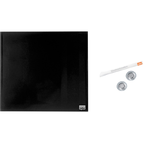 Zwart glazen magnetisch bord met penhouder en pennen.