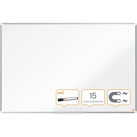 Wit whiteboard met zilveren lijst en drie oranje iconen: pen, 15 jaar garantie en magneet.
