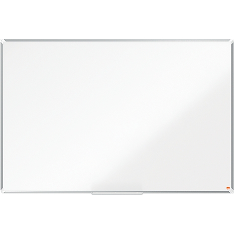 Groot rechthoekig whiteboard met zilveren frame en pennenbak.
