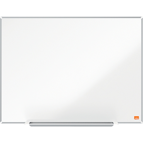 Weißes Whiteboard mit grauem Rahmen und Stifthalter. Oben rechts das Logo.