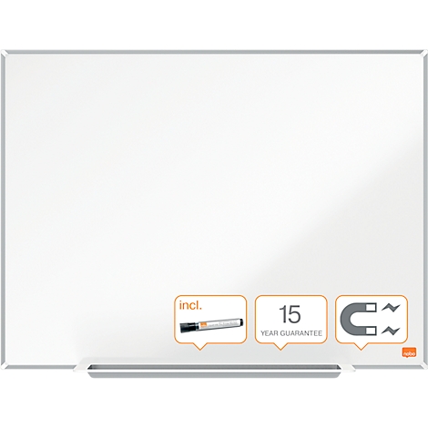 Weißes Whiteboard mit silbernem Rahmen, darunter ein Stift, eine Garantie und ein Magnet.