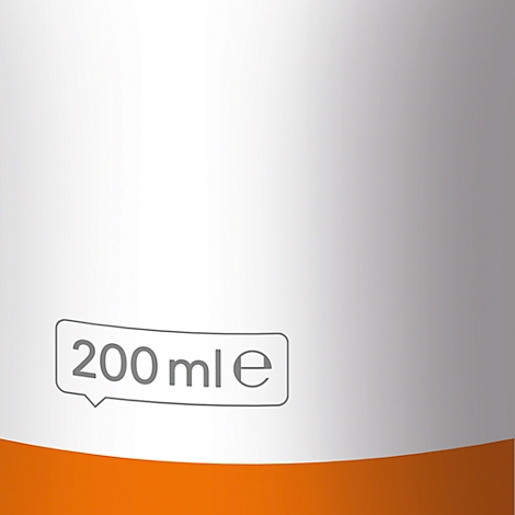 Ausschnitt eines weissen Produkts mit orangefarbenem Streifen. Darauf steht in einem grauen Feld: 200 ml e.