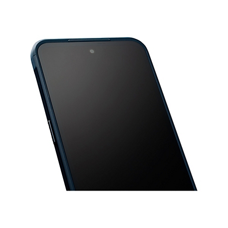 Nahaufnahme eines schwarzen Smartphones. Zu sehen sind der Bildschirm, die blaue Einfassung und die Kamera.