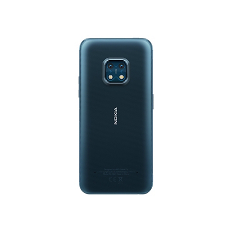 RÃ¼ckseite eines dunkelblauen Smartphones. Auf der RÃ¼ckseite befinden sich eine Kameraeinheit und das Nokia-Logo. Am unteren Rand stehen technische Informationen.