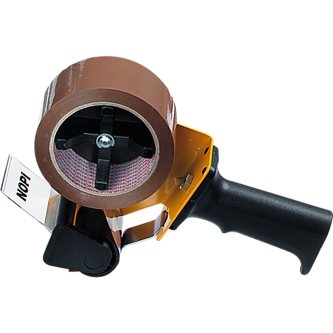 Tape dispenser with brown tape and black handle, yellow holder. "NOPI" is written on the holder.