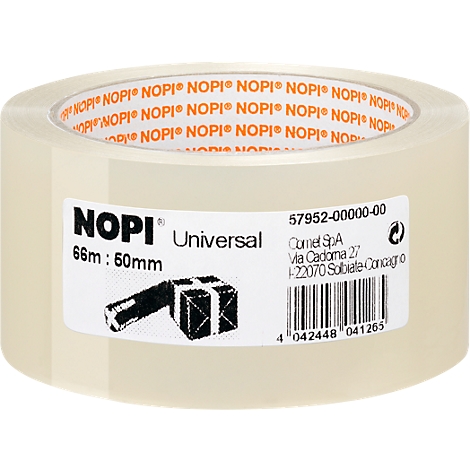 Roll of transparent tape, label with product information, packaging symbol.