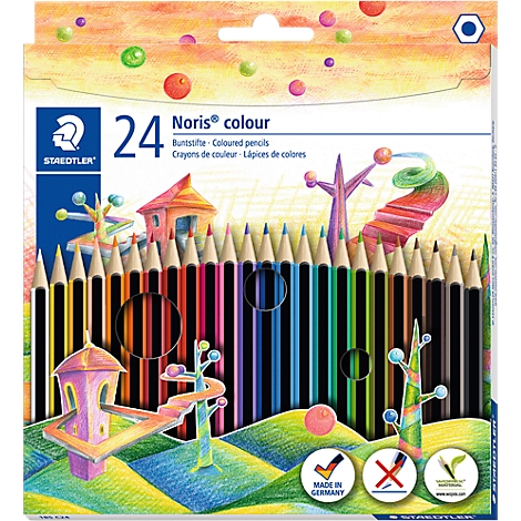 Set of 24 Staedtler Noris colored pencils in a colorful cardboard box. Illustrations and text are on the packaging.