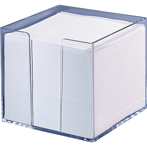 Square, transparent plastic paper holder with a stack of white paper inside.