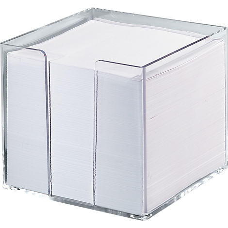 Transparent paper holder with stack of white notepads.