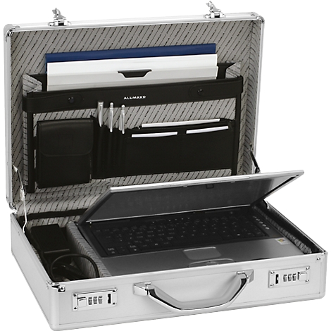 Open silver briefcase with laptop, writing utensils and documents. Striped lining.