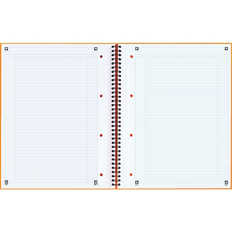 Opened ruled notebook with orange cover, spiral, perforation.