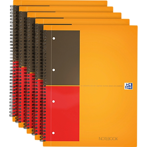 Several orange notebooks with black spiral binding, brown and red accent.