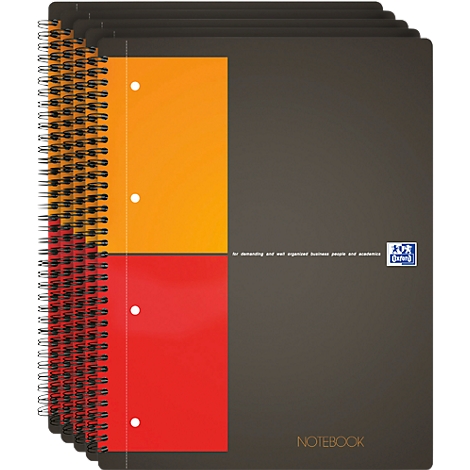 Spiral notebooks. A red and orange panel on the left. On the right is a grey notebook with "Notebook" and logos.