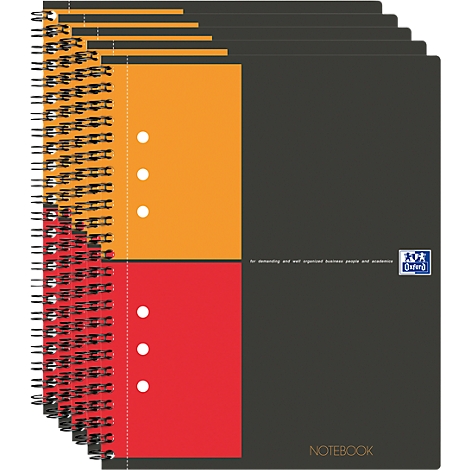 Top view of a stack of spiral notebooks with red, orange, and gray designs.