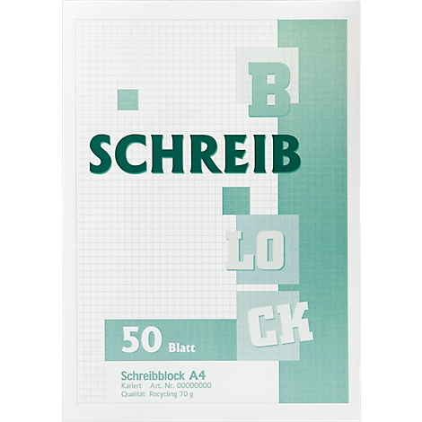 A writing pad with a green grid. Printed is the word 'SCHREIB' (WRITE), below it 'BLOCK'. The specifications are: 50 sheets, A4, squared, recycling.