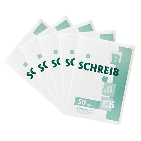 Fan-shaped arrangement of writing pads, green printed with text: Schreibblock. 50 sheets, squared.
