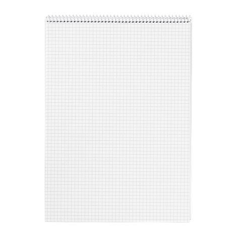A white grid notebook with wire binding, against a white background.