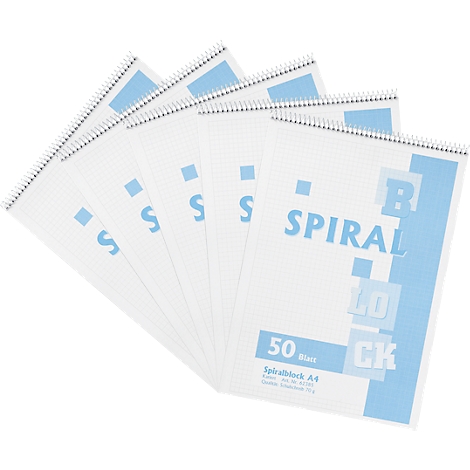 Spiral notebooks arranged in a fan shape, featuring blue accents and text.