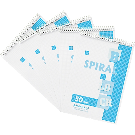 Spiral notebooks arranged in a fan shape with white paper and a blue background. One block reads "SPIRAL BLOCK" and "50 sheets".