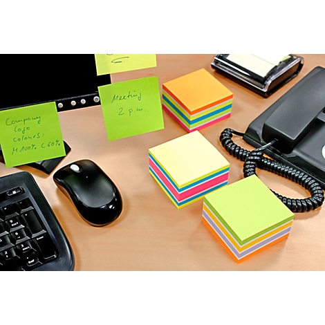 Notes auto-adhésives Brillant, cube avec 450 feuilles, l. 75 x H 75 mm, 6 coloris