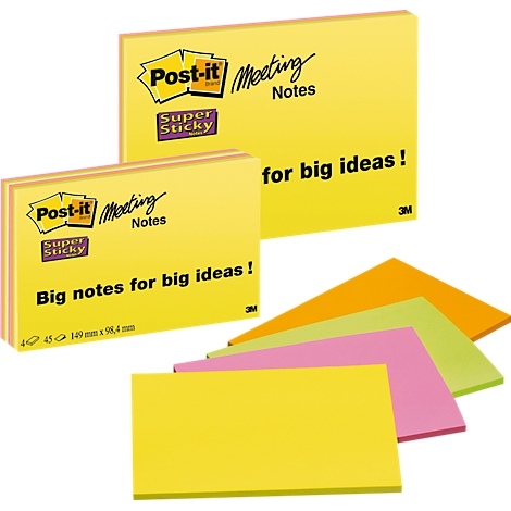 Bloc-notes Post-it jaunes avec l'inscription "Big notes for big ideas !" et des notes colorées.