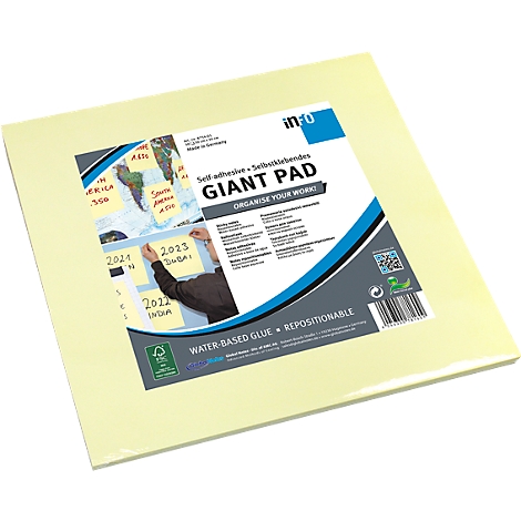Bloc-notes jaune avec impression "GIANT PAD". Notes autocollantes avec une carte du monde.