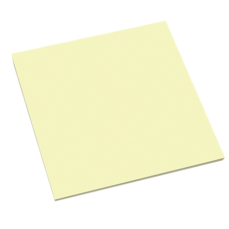 Bloc-notes Post-it carré et jaune. Vue en perspective, légèrement incliné.