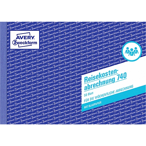 Livre bleu avec l'inscription 'Reisekostenabrechnung 740'. Logo d'Avery Zweckform en haut à gauche.