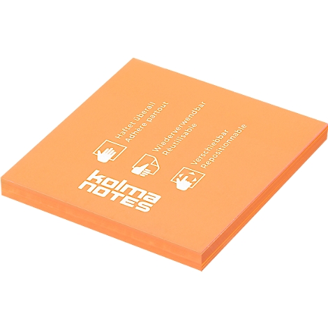 Bloc-notes autocollant orange. Écrits anglais, français et allemands dessus.