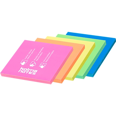 Post-it notes de différentes couleurs, rose, orange, jaune, vert et bleu. On peut lire 'Kolma Notes' sur le post-it rose.