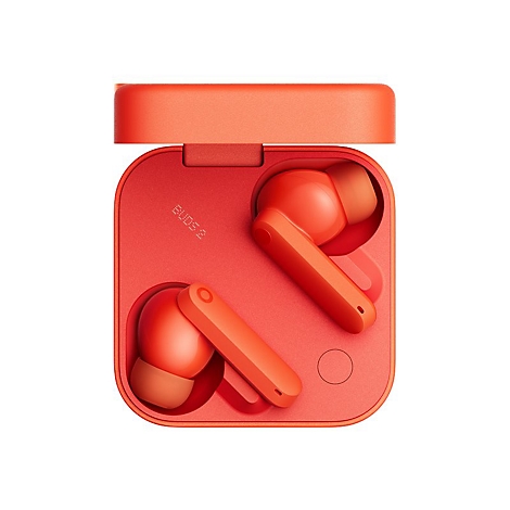 Offenes, leuchtend orangefarbenes Ladecase mit zwei darin liegenden, farblich passenden In-Ear-Kopfhörern.