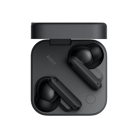 Schwarze kabellose In-Ear-Kopfhörer in einem offenen quadratischen Ladecase.
