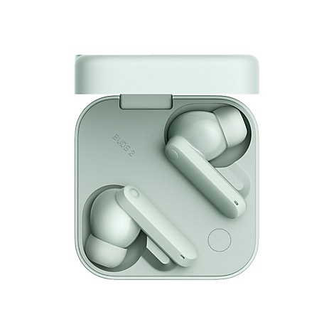 Hellgrüne In-Ear-Kopfhörer in einem quadratischen Ladecase mit offenem Deckel.