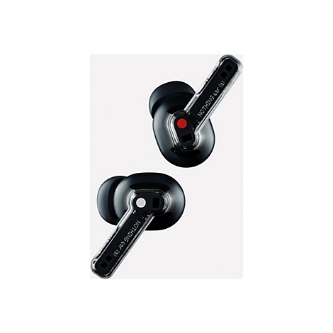 Zwei schwarze Nothing Ear (a) In-Ear-Kopfhörer mit transparentem Design vor hellem Hintergrund.