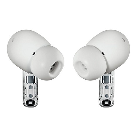Zwei weiße In-Ear-Kopfhörer mit transparenten Stielen vor neutralem Hintergrund.