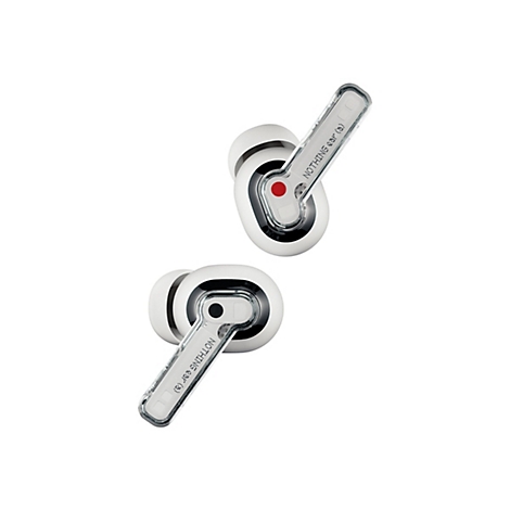 Zwei Nothing Ear (a) In-Ear-Kopfhörer in Weiß mit transparentem Design auf weißem Hintergrund.