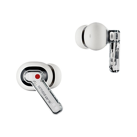 Zwei weiße In-Ear-Kopfhörer mit transparentem Design, einer mit rotem Punkt und Nothing-Schriftzug.